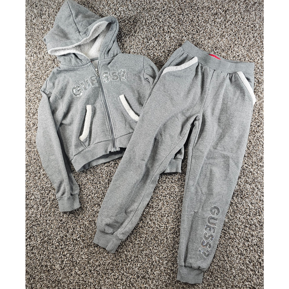 GUESS hoodie and sweatpants sweatsuit set Girls Sz 12 Gray Sherpa Lined Sequin